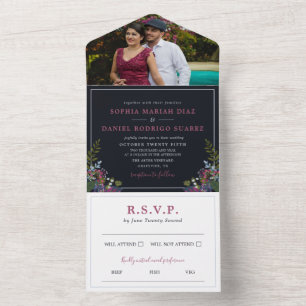Invitation Tout En Un Mariage photo Feuille Blue Burgundy Olive