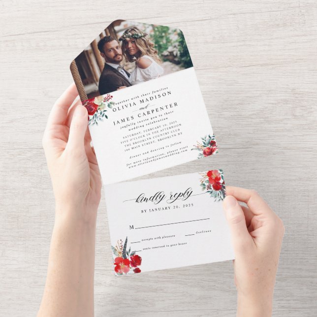 Invitation Tout En Un Mariage photo Floral Rouge Bourgogne Holly (Déchirure)