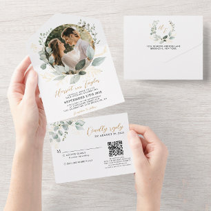 Invitation Tout En Un Mariage photo Gold and Greenery Eucalyptus QR Code