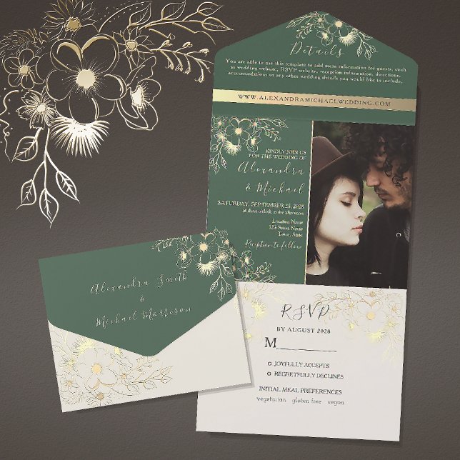 Invitation Tout En Un Mariage photo Gold Floral Sage Green (Créateur téléchargé)