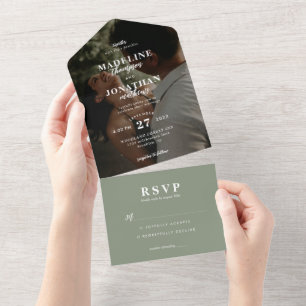 Invitation Tout En Un Mariage photo minimaliste moderne Sage Green