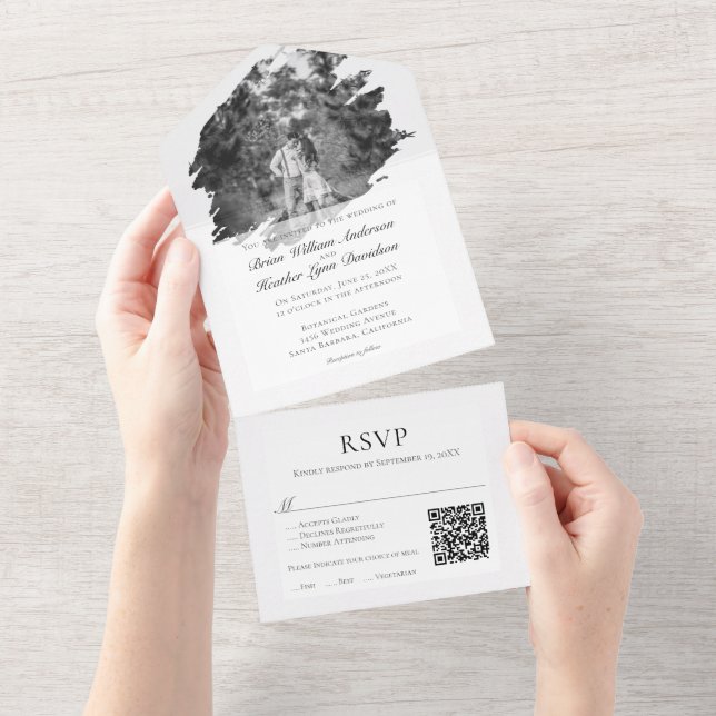 Invitation Tout En Un Mariage photo moderne Brushstroke | BLANCHE (Déchirure)