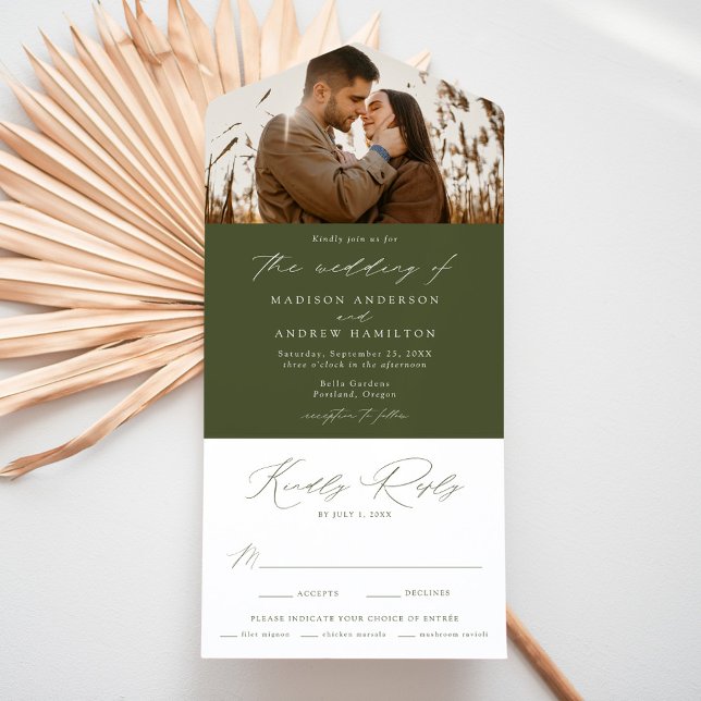 Invitation Tout En Un Mariage photo moderne Elegant Olive Green (Créateur téléchargé)