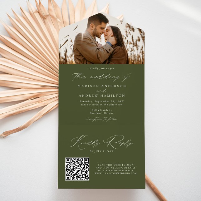 Invitation Tout En Un Mariage photo moderne Elegant Olive Green (Créateur téléchargé)