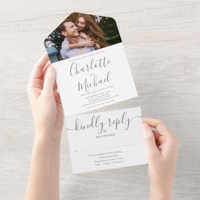 Invitation Tout En Un Mariage photo moderne Gris et blanc (Déchirure)