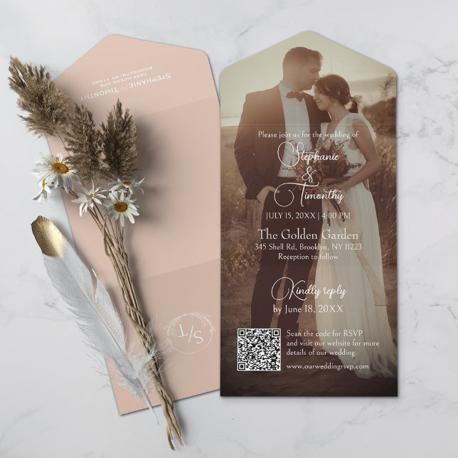 Invitation Tout En Un Mariage photo moderne Peach QR Code (All-in-one wedding invitation with QR code to RSVP - Simplify and save time for you and your guests.)