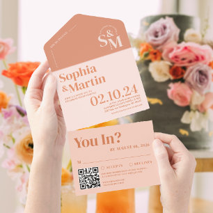 Invitation Tout En Un Mariage photo moderne Retro Peach et Cream