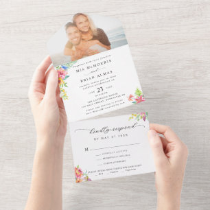 Invitation Tout En Un Mariage photo moderne Tropical Elegant Script