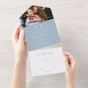 Invitation Tout En Un Mariage photo monochrome bleu poussiéreux et or