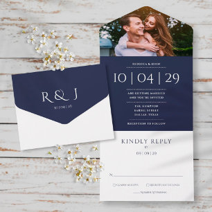 Invitation Tout En Un Mariage photo Navy Blue Elegant Monogram Date