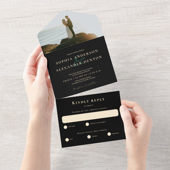 Invitation Tout En Un Mariage photo noir couleur vert émeraude (Déchirure)