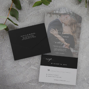 Invitation Tout En Un Mariage photo noir et blanc minimaliste sombre