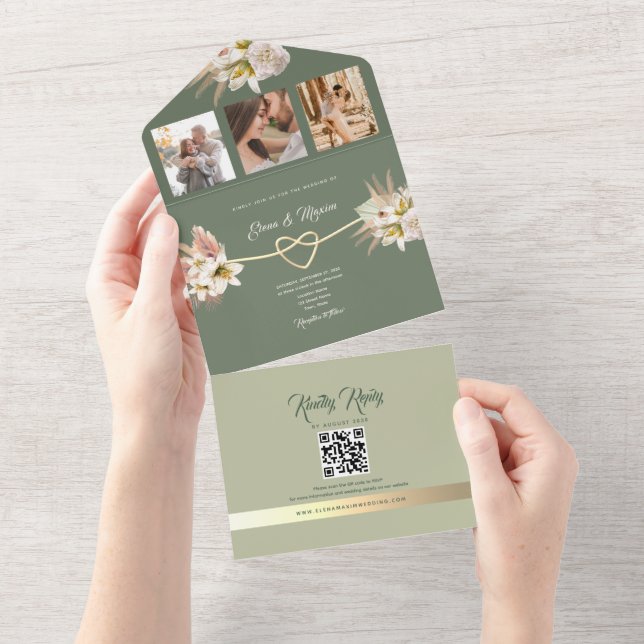 Invitation Tout En Un Mariage photo Olive Green Boho (Déchirure)