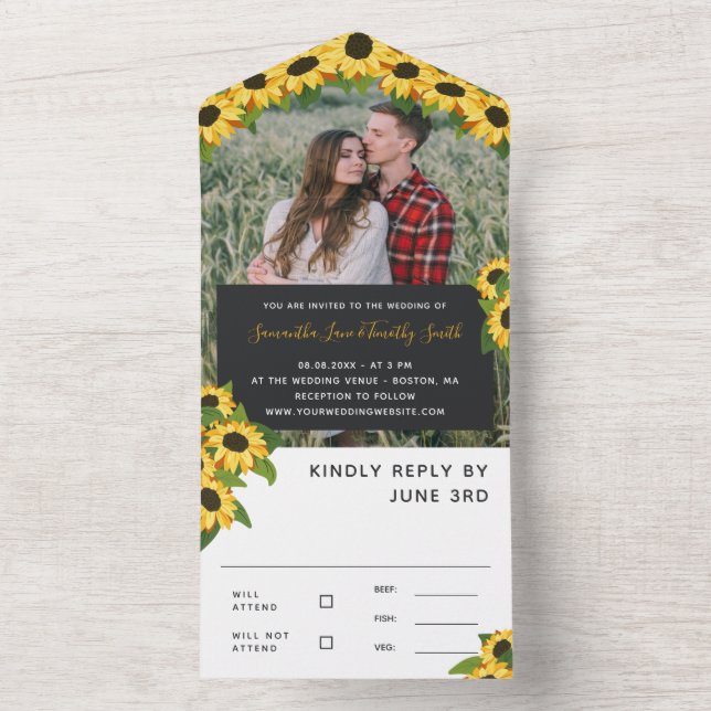 Invitation Tout En Un Mariage photo personnalisé des tournesols jaunes (À l'intérieur)