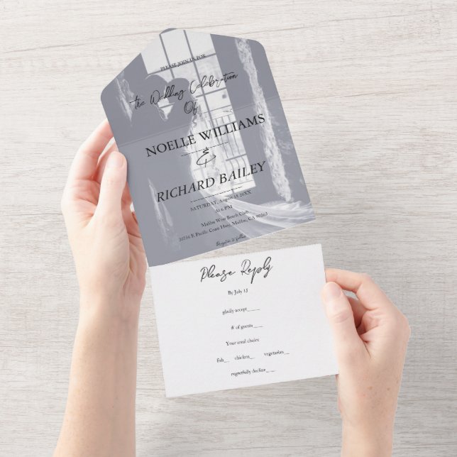 Invitation Tout En Un Mariage photo personnalisé élégant moderne (Déchirure)