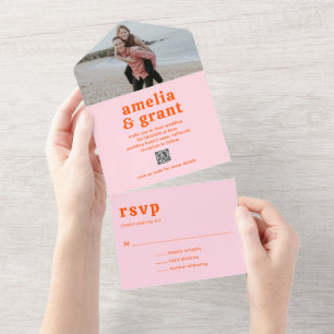 Invitation Tout En Un Mariage photo Retro Font orange et rose QR Code