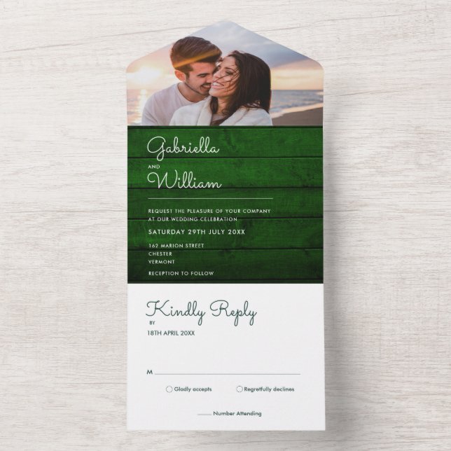 Invitation Tout En Un Mariage photo Rustic Green Wood String (À l'intérieur)