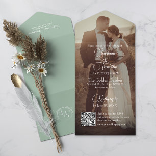 Invitation Tout En Un Mariage photo Sage Green QR Code