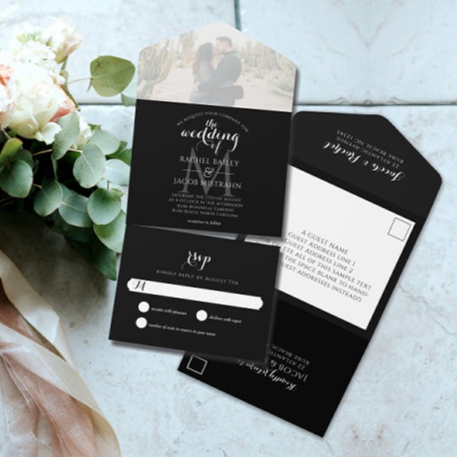 Invitation Tout En Un Mariage photo simple Monogramme noir et blanc (Simple Monogram B&W Photo Wedding All In One Send-and-Seal Invite)