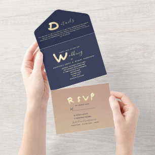 Invitation Tout En Un Mariage Photo Typographie Moderne Or Bleu Marine