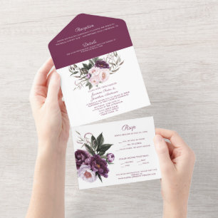 Invitation Tout En Un Mariage Plum violet Pink Peonies