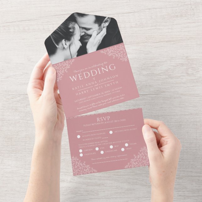 Invitation Tout En Un Mariage poussiéreux rose blanc feuilles photo repa (Déchirure)