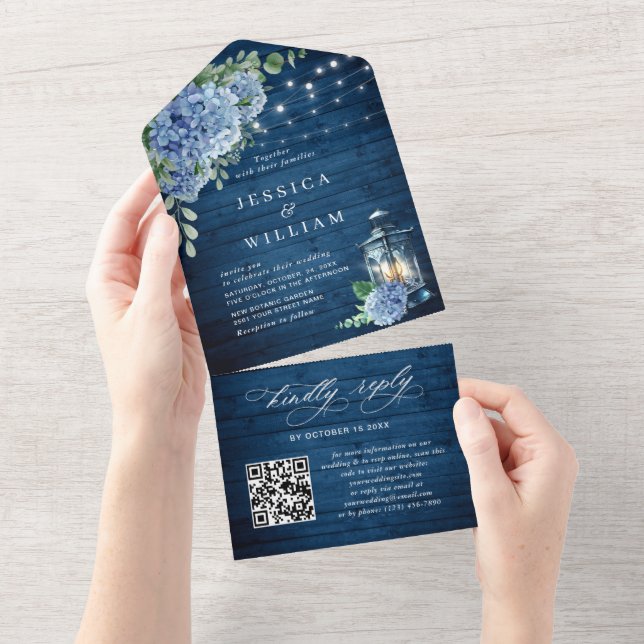 Invitation Tout En Un Mariage QR bleu Hydrangea Lantern Wood (Déchirure)