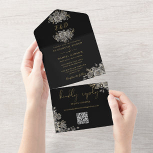 Invitation Tout En Un Mariage QR Code Monogramme Noir et Or Gothique