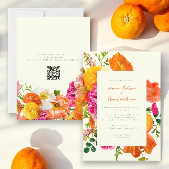 Invitation tout en un mariage qr code orange pavot mariage (Créateur téléchargé)