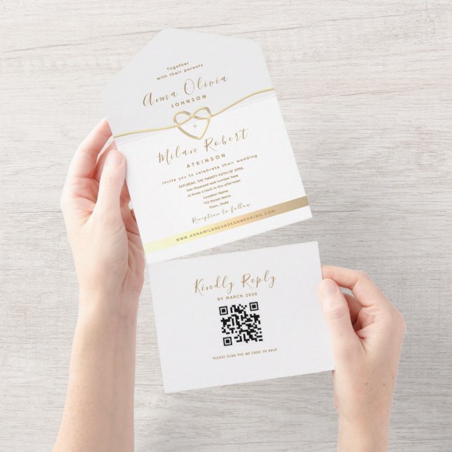 Invitation Tout En Un Mariage QR Code White Gold (Déchirure)