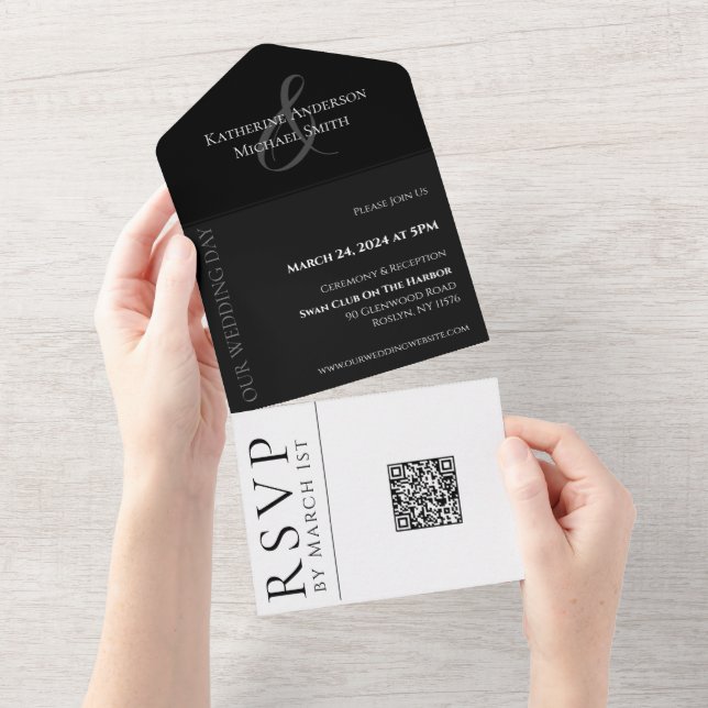 Invitation Tout En Un Mariage-QR simple et moderne - Noir et blanc (Déchirure)