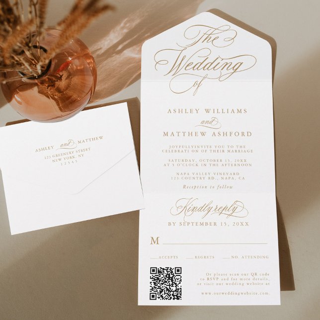 Invitation Tout En Un Mariage Romantique Calligraphie Tourbillonnante Or (Créateur téléchargé)