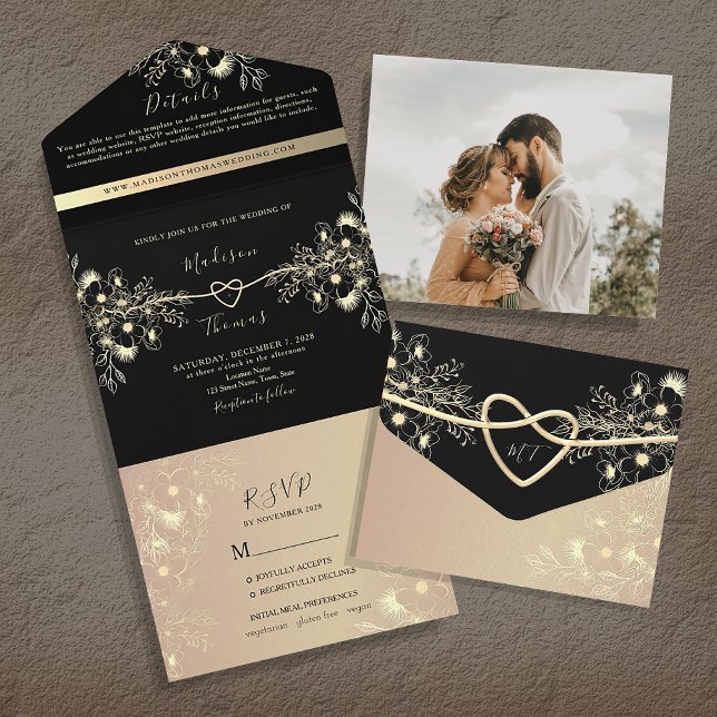 Invitation Tout En Un Mariage romantique Elegant Noir et Or (Créateur téléchargé)