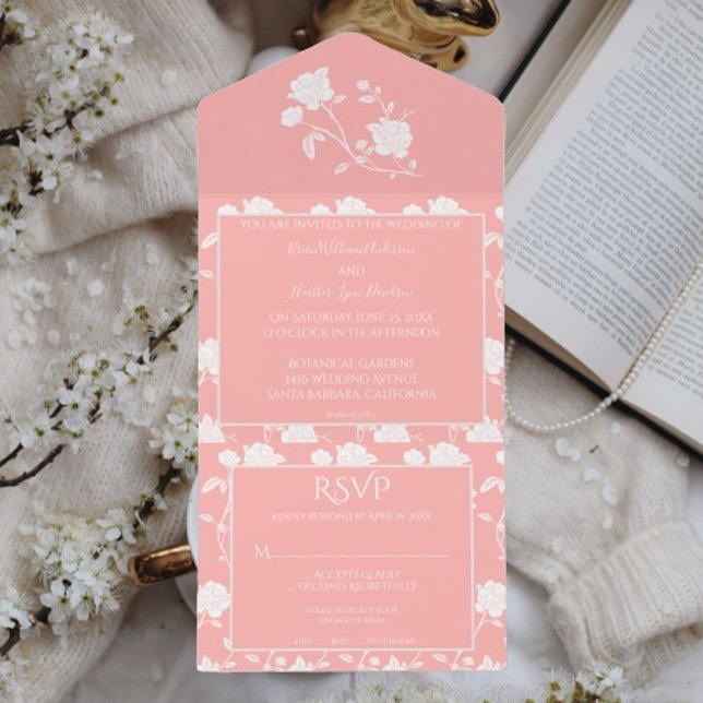 Invitation Tout En Un Mariage Rose corail (Coral Rose All in One Wedding Invitation)