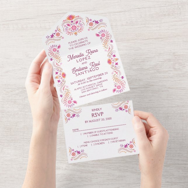 Invitation Tout En Un Mariage rose Fiesta (Déchirure)