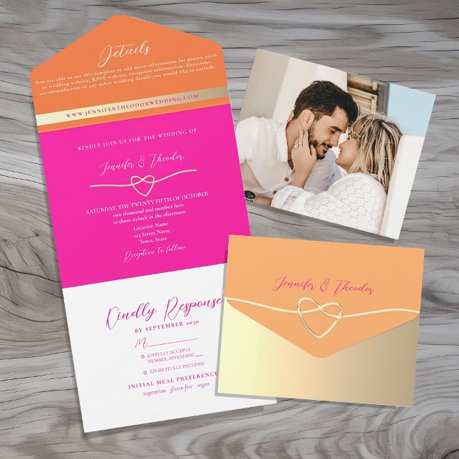 Invitation Tout En Un Mariage rose orange rétro (Créateur téléchargé)
