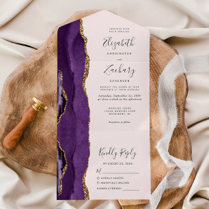 Invitation Tout En Un Mariage Rose Pâle Agate Or Violet
