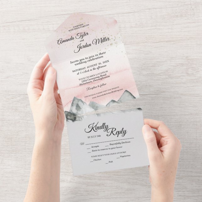 Invitation Tout En Un Mariage rose Sunrise Mountain (Déchirure)