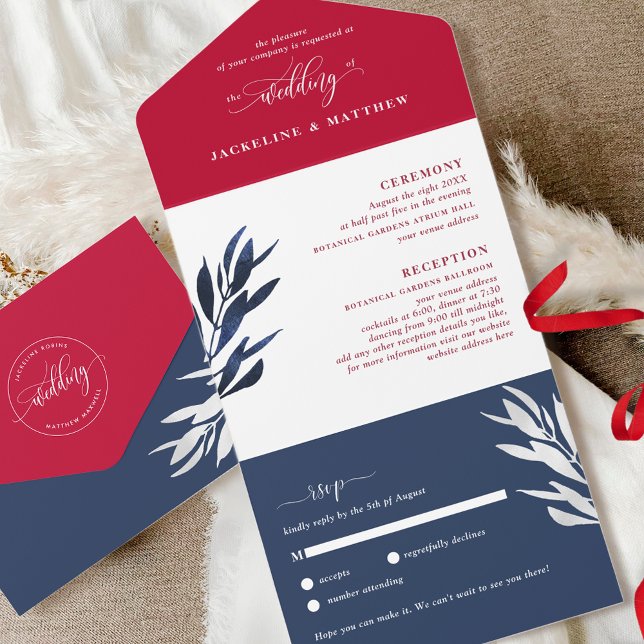 Invitation Tout En Un Mariage rouge blanc et bleu avec RSVP Al perforé (Créateur téléchargé)