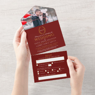 Invitation Tout En Un Mariage rouge blanc or ovale feuilles monogramme p