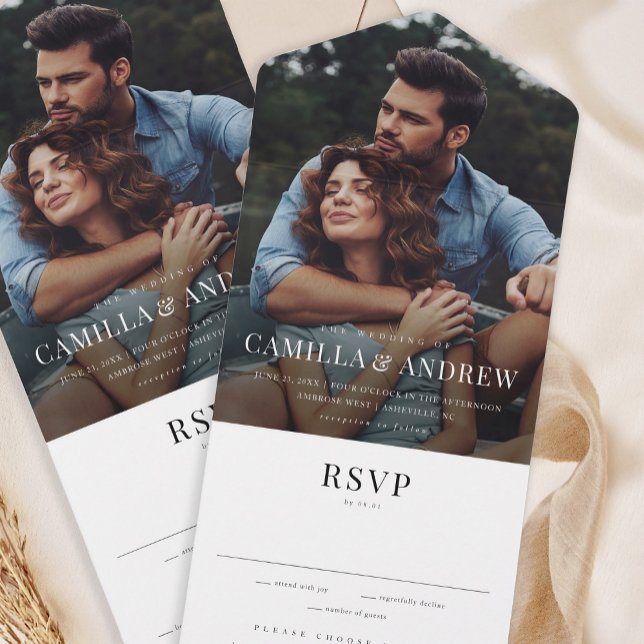 Invitation Tout En Un Mariage RSVP élégant et moderne (Simple typography overlay all-in-one photo wedding invitation with tear off RSVP card.)