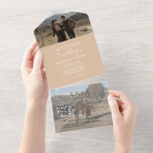 Invitation Tout En Un Mariage RSVP minimaliste de code QR beige