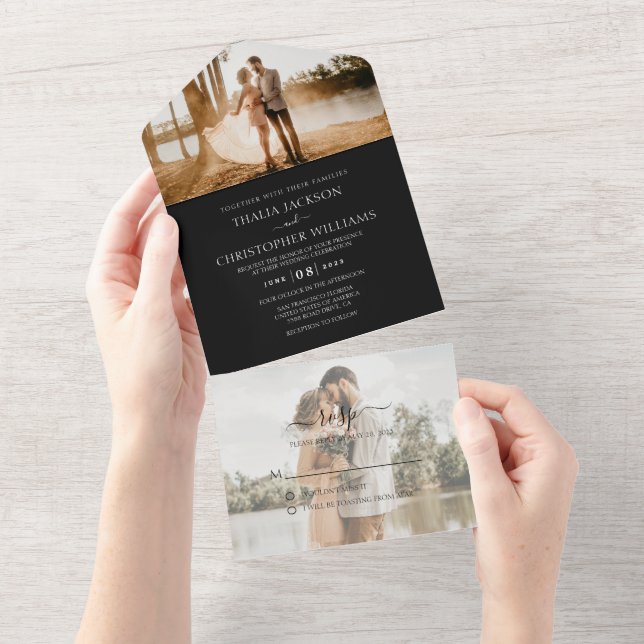 Invitation Tout En Un Mariage RSVP moderne noir et blanc 2 photos (Déchirure)