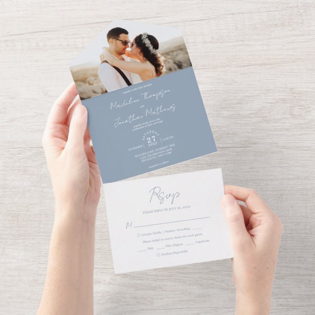 Invitation Tout En Un Mariage Rsvp photo bleu clair moderne Dusty (Déchirure)