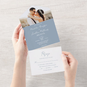 Invitation Tout En Un Mariage Rsvp photo bleu clair moderne Dusty