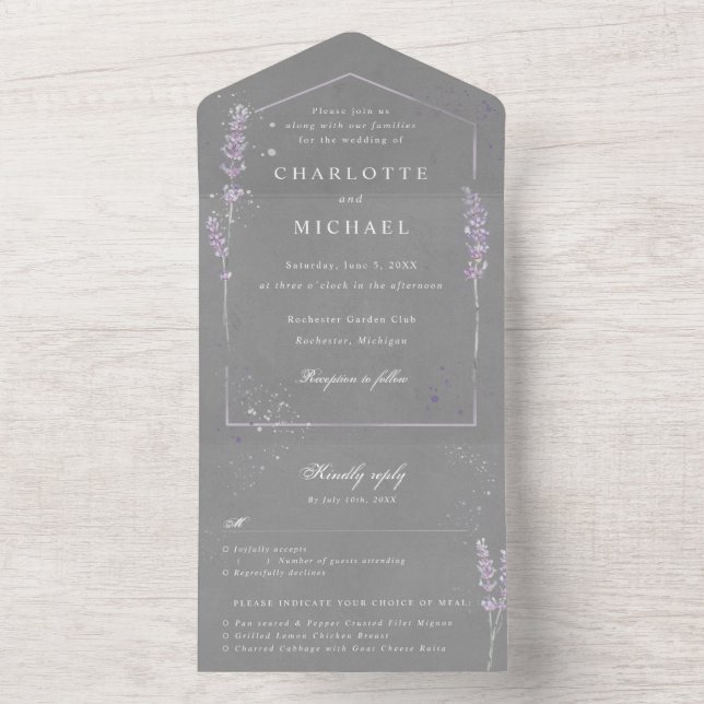 Invitation Tout En Un mariage rsvp rsvp gris lavande aquarelle (À l'intérieur)