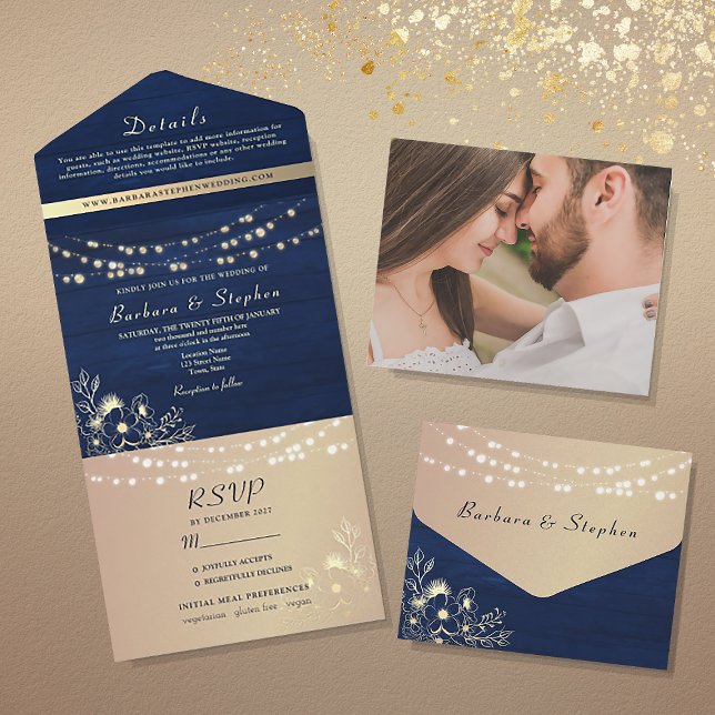 Invitation Tout En Un Mariage Rustic Navy Blue String (Créateur téléchargé)