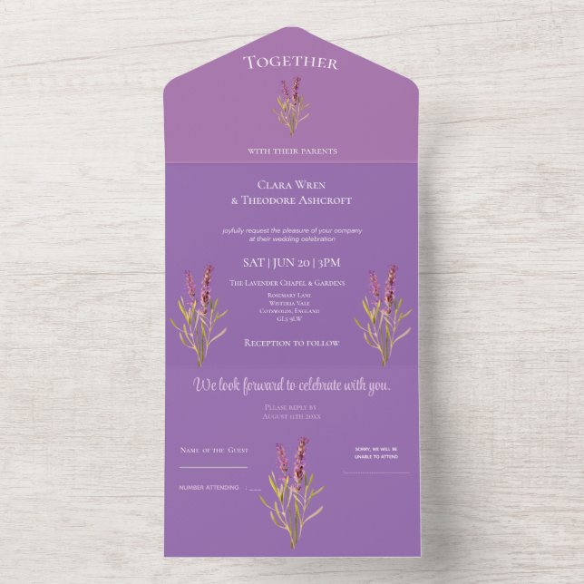 Invitation Tout En Un mariage rustique avec lavande (À l'intérieur)