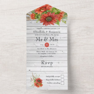 Invitation Tout En Un Mariage Rustique Bohème Rouge Tournesols Grange de