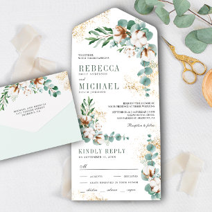 Invitation Tout En Un Mariage Rustique Boho Cotton Gold Eucalyptus Branc